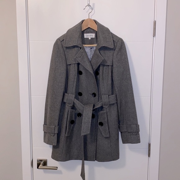 Calvin Klein women’s gray wool blend mid-length belted pea coat, size 4 - Picture 1 of 5